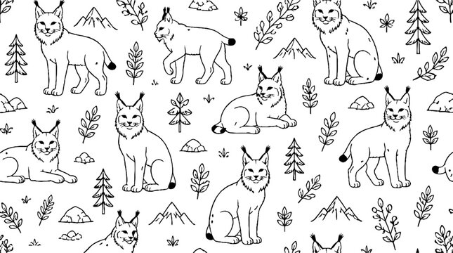 Playful Lynx Cats in Forest Pattern Design.
