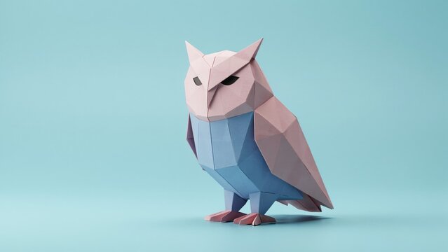 Low poly origami owl figurine in pastel pink and blue on a solid light blue background