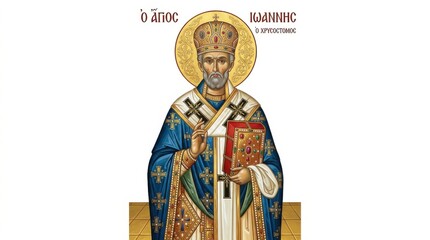 Fototapeta premium Iconic religious figure in ornate robe with golden halo