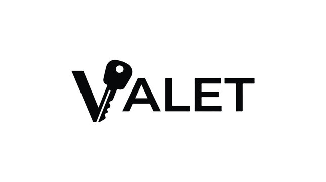Valet text logo design featuring a key replacing the letter V.