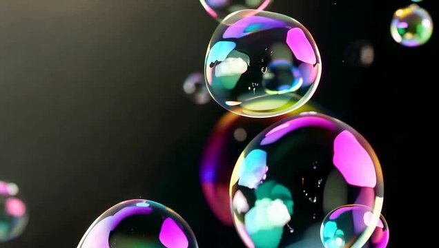 Colorful iridescent bubbles floating freely.