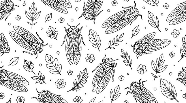Detailed black and white cicada and leaf illustration.