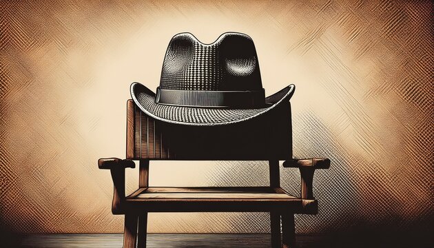 retro fedora hat with woven texture classic trilby style headwear accompanied by rustic wooden chair both rendered as halftone graphics for vintage design use