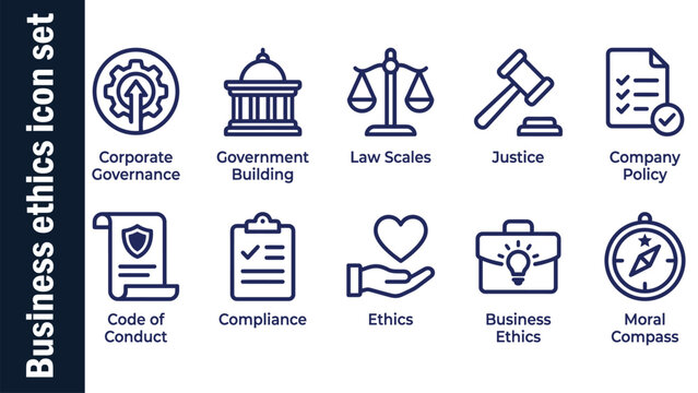 Business ethics icon set. Containing compliance, integrity, responsibility, trust, law, justice, honesty, leadership, transparency, fairness, morality and more. Solid vector icons collection.
