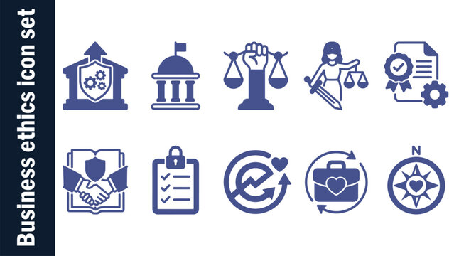 Business ethics icon set. Containing compliance, integrity, responsibility, trust, law, justice, honesty, leadership, transparency, fairness, morality and more. Solid vector icons collection.
