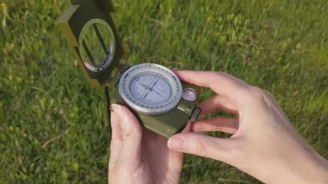 Woman's hands open a compass against a background of green grass. Human navigates space using a compass. Concept of travel, adventure, and navigation.