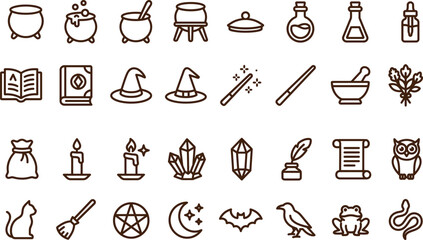 Halloween witchcraft magic icon set potions spells and mystical symbols © Tharul