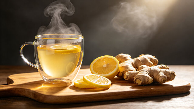 Hot lemon ginger tea with steam on cutting board