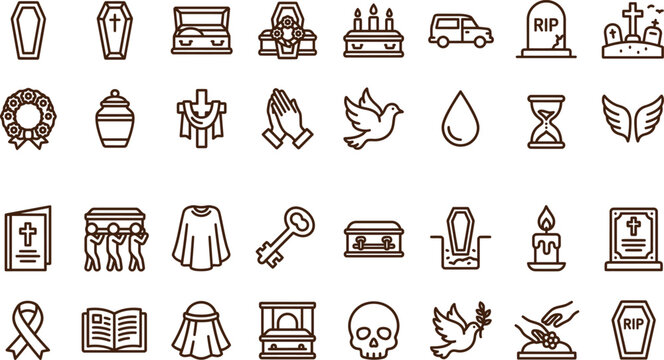 Halloween death mourning line icons coffin tombstone skull funeral symbols