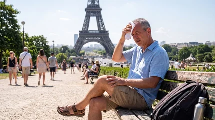 A tourist sits on a park bench near the Eiffel Tower, wiping sweat from his forehead with a cloth as he struggles against the intense summer heat while sightseeing in Paris. © Everlasting Dreams