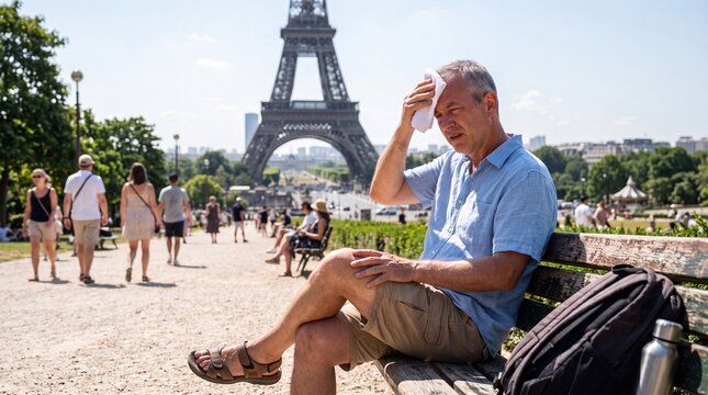 A tourist sits on a park bench near the Eiffel Tower, wiping sweat from his forehead with a cloth as he struggles against the intense summer heat while sightseeing in Paris.