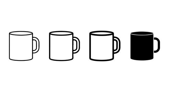 Simple Line Art Coffee Mugs, Set of 4 Icons, White and Black Ceramic Drinkware Vector Graphics