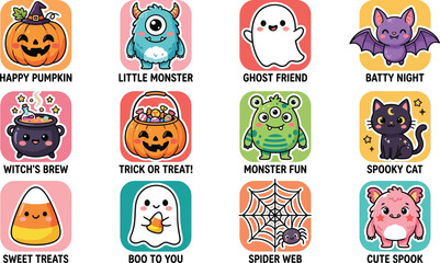 Fototapeta premium Happy helloween day cute kawaii halloween icons set for festive decorations and graphic design