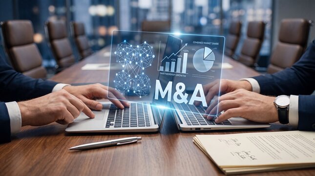 Corporate lawyers and financial advisors reviewing mergers and acquisitions deal with M&A digital HUD hologram on laptops.