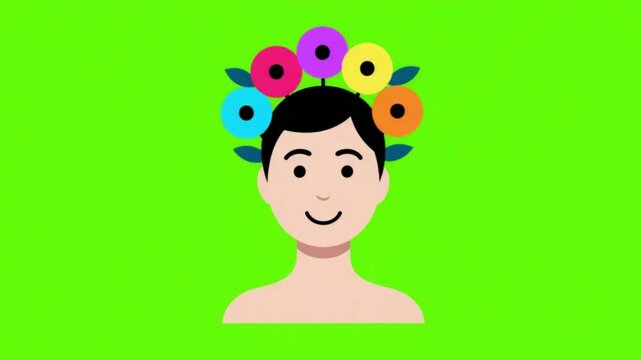 2D Vector Animated Avatar of Person with Blooming Flowers on Head, Green Screen Chroma Key Pop Up Mind Bloom Creative Idea Loop
