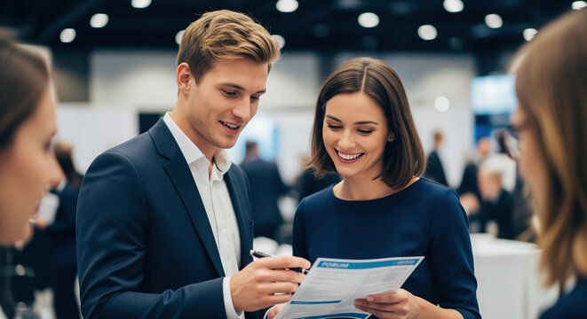 Conference agenda review before networking talk, attendees compare event program for trade show planning, speaker schedule, partnership discussion and industry training session