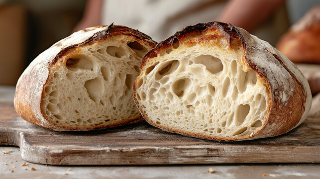 Slicing a freshly baked sourdough loaf on a wooden cutting board, golden-brown exterior to reveal the airy, soft crumb inside.