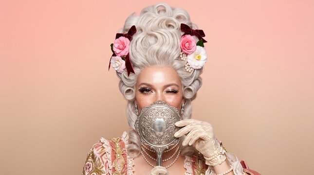 Elegant woman in rococo style with white powdered wig adorned with pink camellia flowers, velvet bow, pearls, holding ornate silver hand mirror.