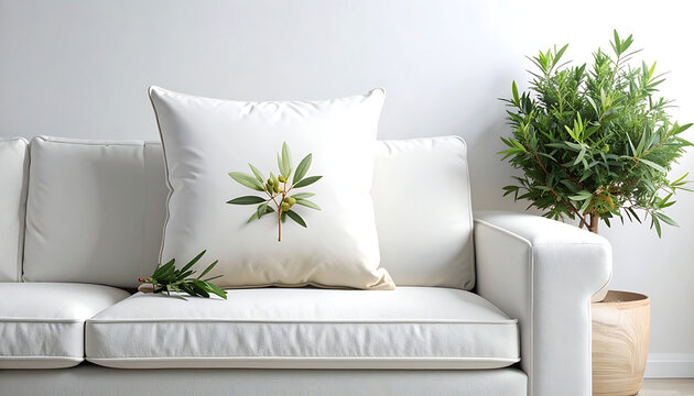 White cushion with green botanical leaf pattern placed on a modern sofa for interior styling