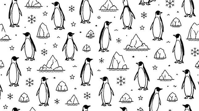 Playful penguins and icy mountain pattern design.