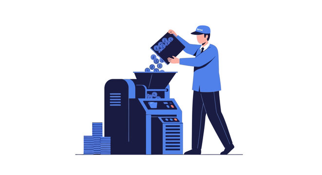 Worker loading paper into office printer machine.