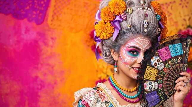 Woman with vibrant Dia de los Muertos sugar skull face paint, orange marigold flowers in hair, purple bows, holding colorful skull-decorated fan against pink background.