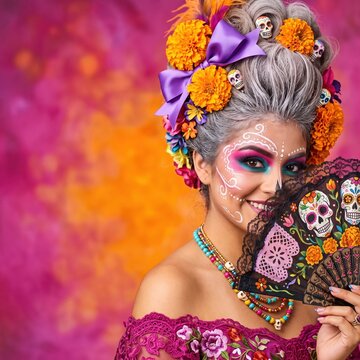 Woman with vibrant Dia de los Muertos sugar skull face paint, orange marigold flowers in hair, purple bows, holding colorful skull-decorated fan against pink background.