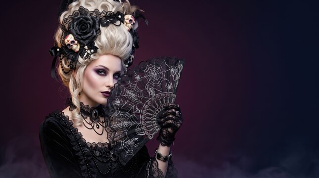 Woman in dark gothic baroque costume with blonde wig decorated with black roses and skulls, heavy purple smoky makeup, holding black lace spiderweb fan against purple background.