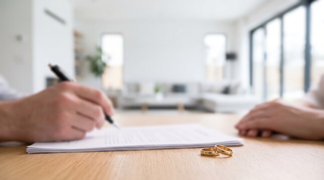 Divorce Agreement Signing Concept: Hands with Pen, Gold Wedding Rings, and Legal Separation Papers in Bright Modern Room