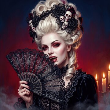 Digital art of elegant gothic vampire woman with white powdered wig adorned with skulls and black roses, holding spiderweb lace fan near candles, fangs dripping blood.