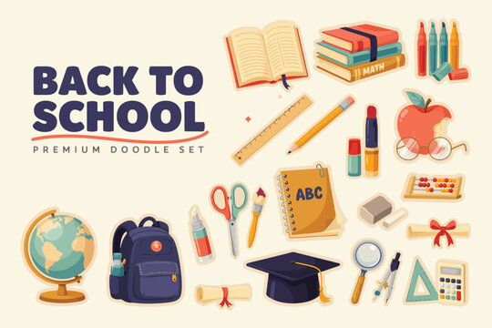 Back to school doodle set with stationery, globes, and abc blocks
