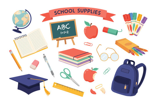 Back to school flat lay with colorful supplies, books, globe, and backpack on light background, school supplies