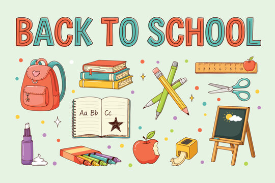 Back to school flat with school supplies and abc alphabet flat school supplies crayons scissors