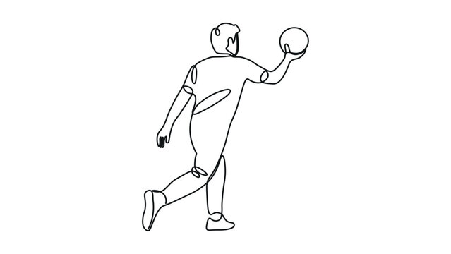 Continuous line drawing of man bowling throwing ball on white surface.