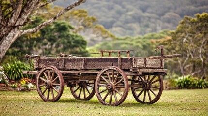 Obraz premium Rustic wooden cart on grassy field against blurred forest background