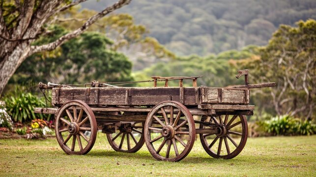 Rustic wooden cart on grassy field against blurred forest background