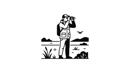 Naklejka premium Outdoorsman with Binoculars Exploring Nature Landscape