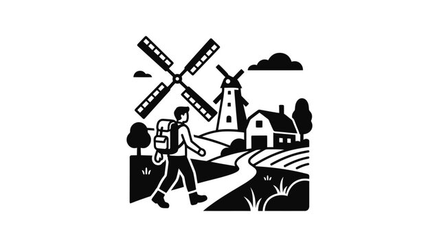 Hiker with Backpack Walking Through Rural Landscape with Windmills and Farmhouse