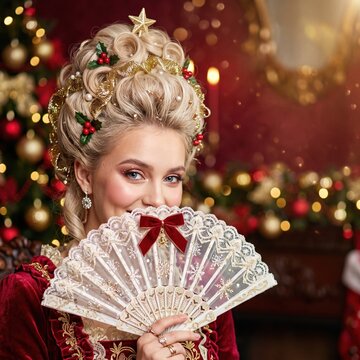 Elegant woman in vintage baroque Christmas costume with elaborate updo wig featuring gold tinsel star, holly, red berries, holding lace snowflake fan against red bokeh background.