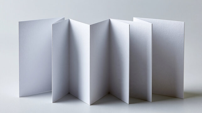 A realistic 7-panel accordion-fold brochure (zig-zag fold) mockup, each panel proportioned to 99 &times; 210 mm, standing in a zig-zag accordion shape with all seven panels visible, plai