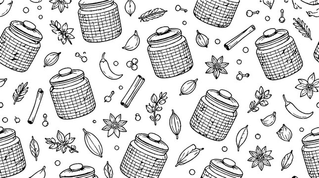 Hand drawn spice jars and herbs pattern design.