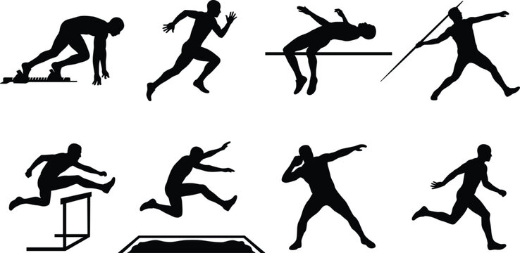 Track and Field Athlete Silhouette Set Featuring Hurdling Javelin Throw Shot Put High Jump and Sprinting