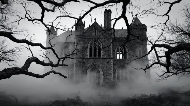 Black and white gothic stone mansion partially obscured by thick ground fog and framed by two ancient gnarled leafless trees in a spooky atmospheric landscape setting.