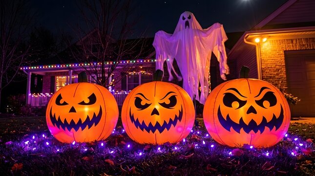 Spooky halloween night with inflatable pumpkins and ghost