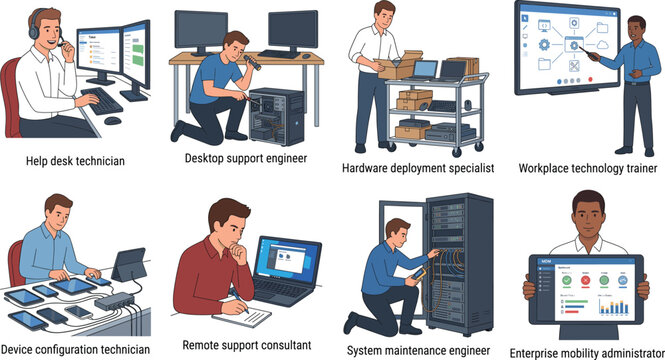 Vector Illustration Set of Information Technology Specialist Roles and Corporate Technical Support Teams