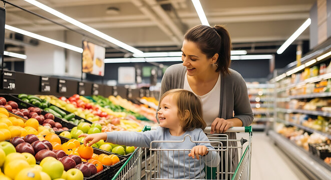 Mother and child select fresh fruit in a brightly lit grocery aisle with vibrant produce displays