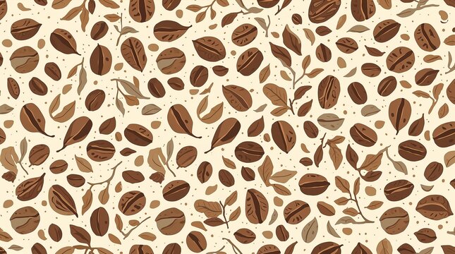Coffee beans and leaves seamless pattern on cream background texture