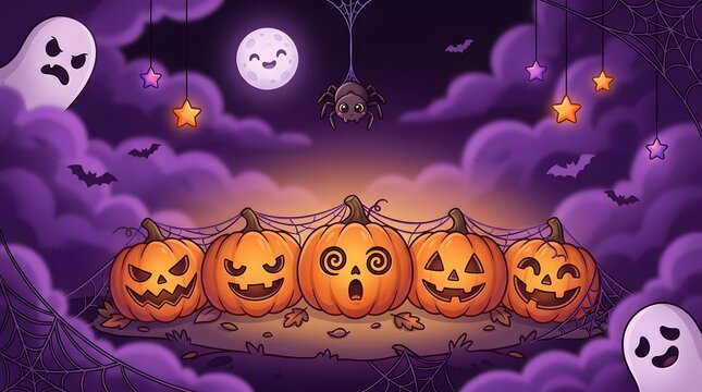Charming halloween scene with jack o' lanterns ghosts and spiders festive illustration