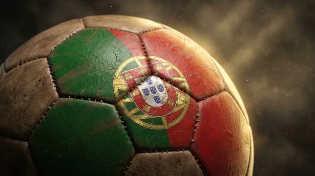 Vintage leather soccer ball featuring the national flag of Portugal