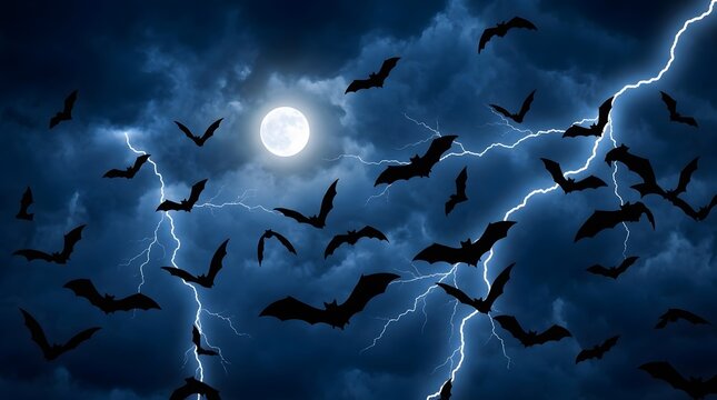 Dramatic halloween night scene with bats flying in stormy sky and full moon